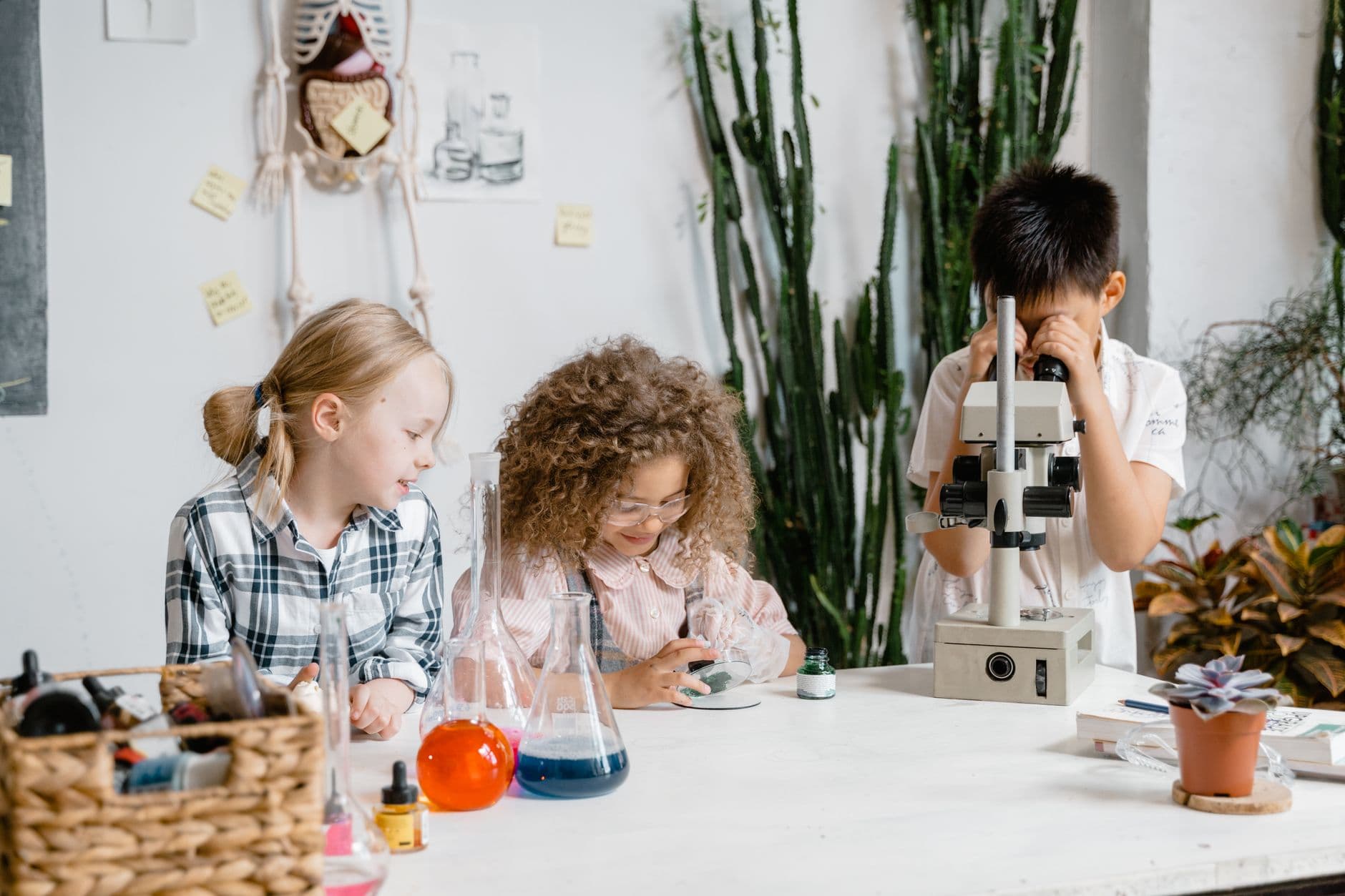 Two children in a school science lesson using a microscope at a table with flasks and plants.